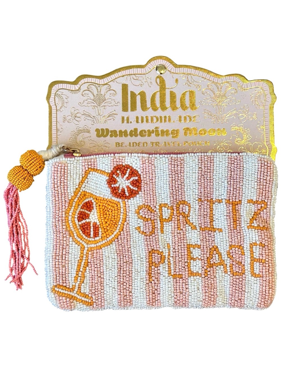 India Handmade Wandering Moon Beaded SPRITZ PLEASE Pouch Pink Orange NWT NEW